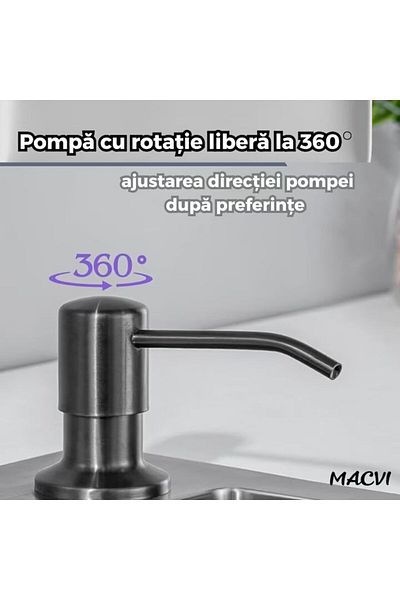 MACVI Dozator Incorporabil Macvi® Negru pentru Chiuveta Sapun Detergent Rezervor 300ml Design Modern