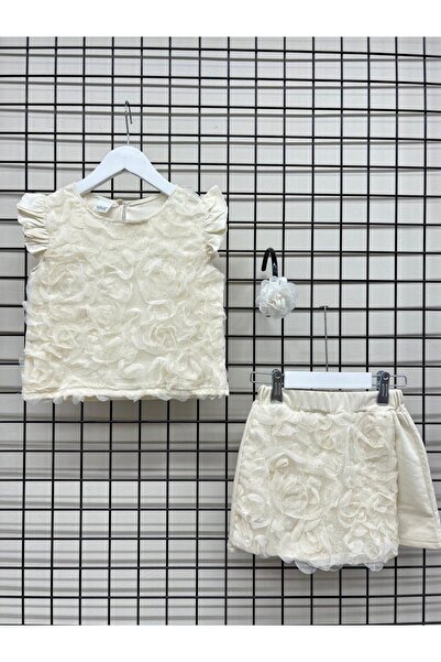 Baby Lera Işıltılı Krem Güllü Şort Etekli Kız Çocuk Takım