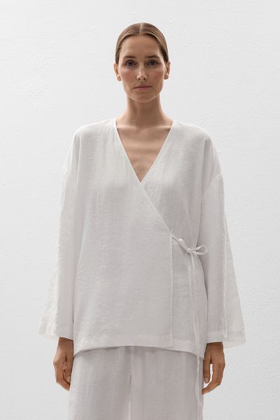 Oysho 100% linen side tie kimono shirt