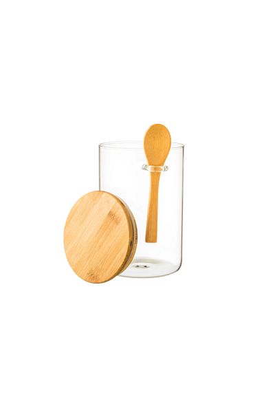 Generic Clear glass jar with wooden lid, wooden spoon and airtight seal, size 15*10 cm