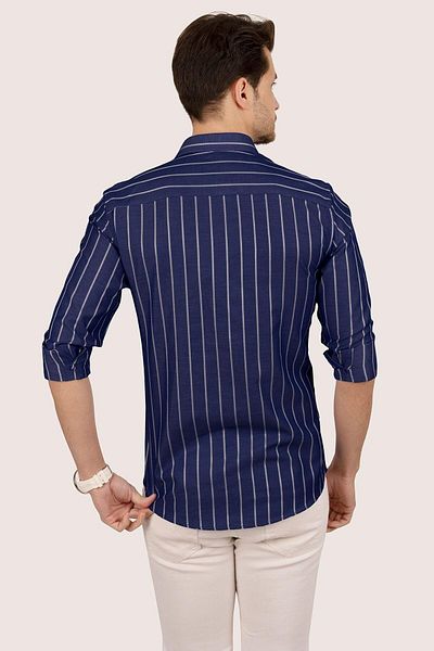 Etikmen Navy Blue White Striped Slimfit Men's Shirt with Gift Box