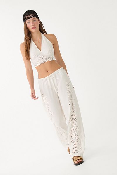 Stradivarius Loose-fitting linen blend trousers with embroidery