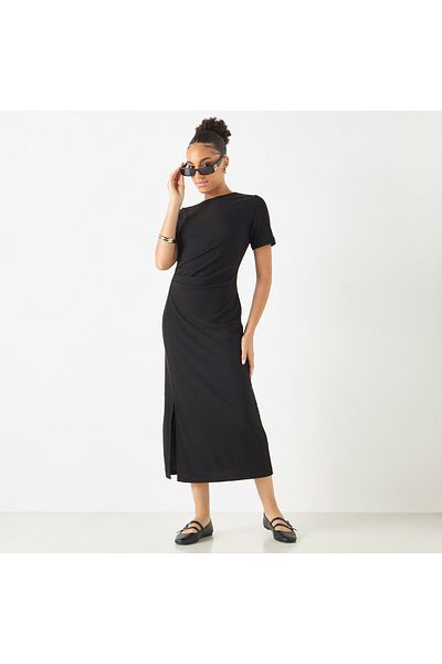 FAV Textured Round Neck Midi Dress with Short Sleeves and Slit Detail
