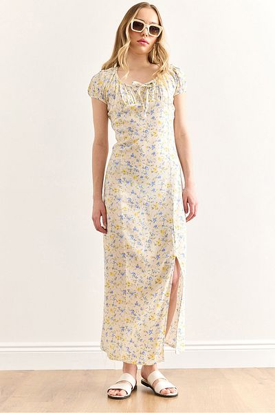 Olalook Women's Yellow Slit Blue Floral Woven Viscose Dress Elb-19002428