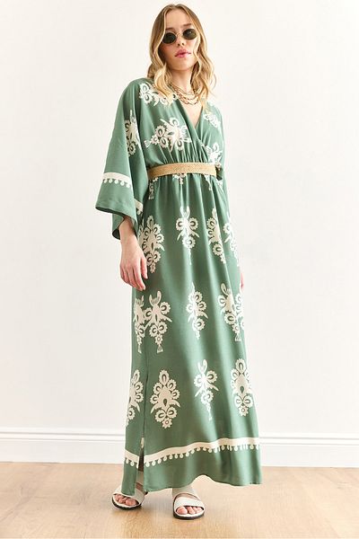 Olalook Women's French Green Double Breasted Collar Elastic Waist Maxi Slit Viscose Dress Elb-19002383