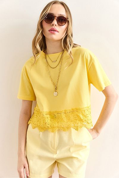 Olalook Women's Yellow Skirt Guipure Detailed T-Shirt Tsh-19000873