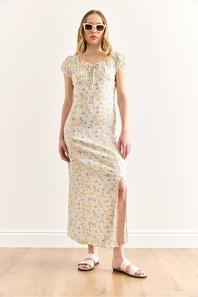 Olalook Women's Yellow Slit Blue Floral Woven Viscose Dress Elb-19002428