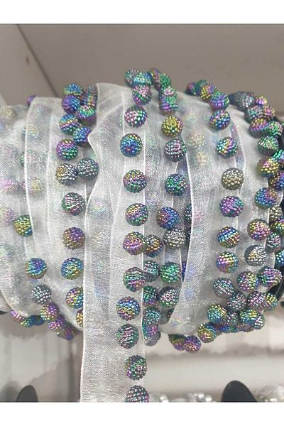ESRA ŞELEM White Tulle Bias Colorful Ball Beaded Decorative Ribbon Applique Sewing Accessory