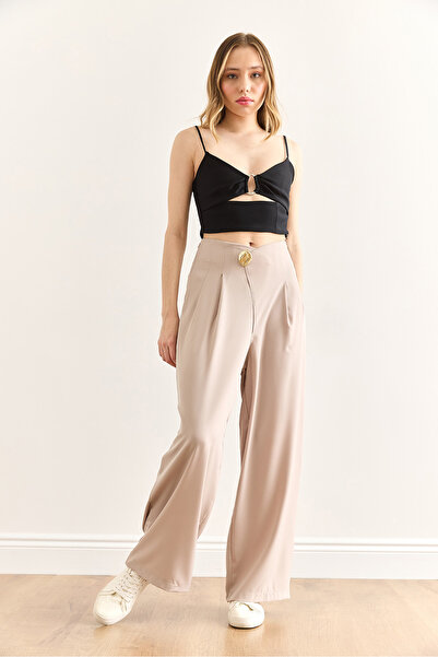 Olalook Kadın Taş Düğme Detaylı Fermuarlı Dökümlü Bol Paça Pantolon PNT-19000346