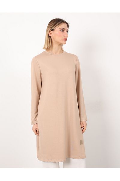 Linvey Kado Crystal Combed Cotton Crew Neck Relaxed Cut Basic Embroidered Long Tunic