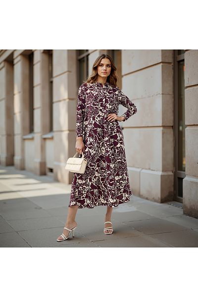 Iconic Iconic Floral Print Trapeze Midi Dress with Collar and Long Sleeves