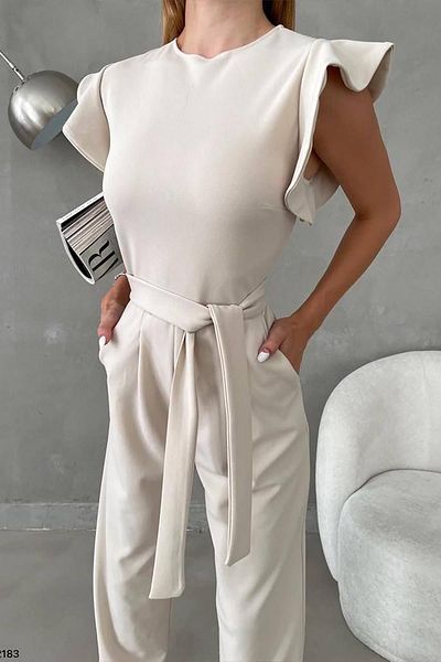 Deafox Beige Crepe Fabric Sleeves Flounce Detail Belted Jumpsuit