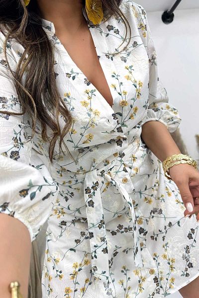 Sohotique By P Floral Pattern and Embroidered Mini Shirt Dress Yellow-White