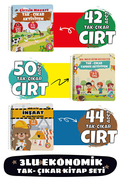 Cırtlı Tak Çıkar 3 Lü Ekonomik Cırtlı Kitap Seti Okul Öncesi Eğitici Etkinlik Kitabları