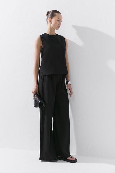 Hooopstore Lyocell Linen Flowy Elastic Black Trousers