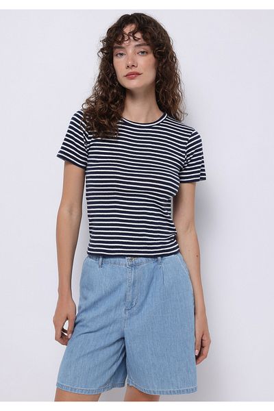 Colin's Slim Fit Round Neck Striped Women's Navy Blue Short Sleeve T-Shirt