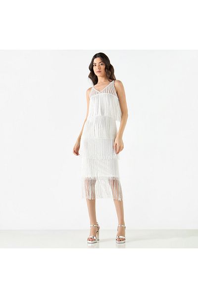 FAV All-Over Embellished Sleeveless Tiered Dress with V-neck
