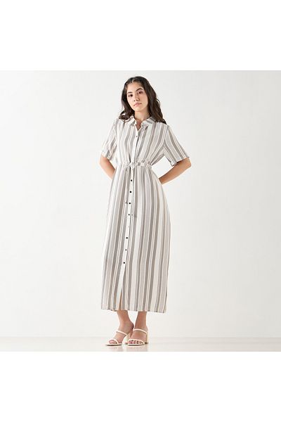 FAV Striped Shirt Dress with Drawstring Tie-Ups and Short Sleeves