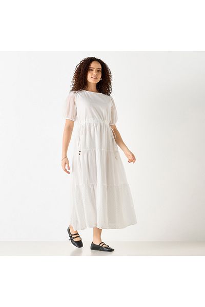 FAV Embellished A-line Midi Dress with Short Sleeves