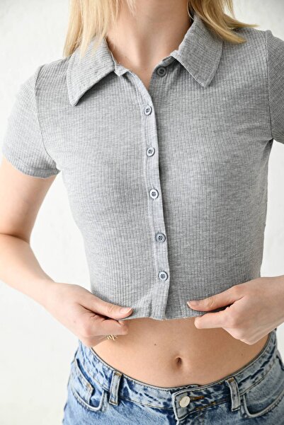 MOVİMENT Γκρι πλεκτή μπλούζα με λαιμόκοψη κοτλέ