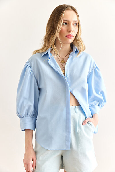 Olalook Women's Blue Hidden Placket Balloon Sleeve Terry Cotton Shirt Gml-19001280