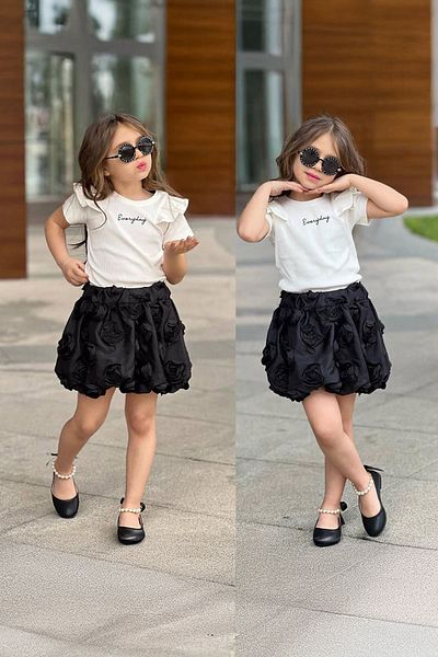 Minigimin Cicileri My Little One's Cicileri 3D Rose Patterned Skirted Girl's Suit - Black