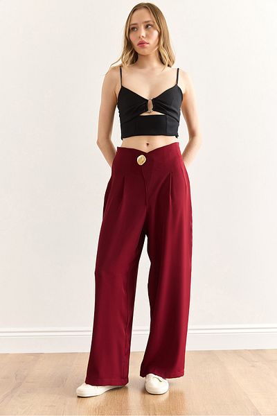 Olalook Women's Burgundy Button Detailed Zippered Flowy Wide Leg Pants Pnt-19000346