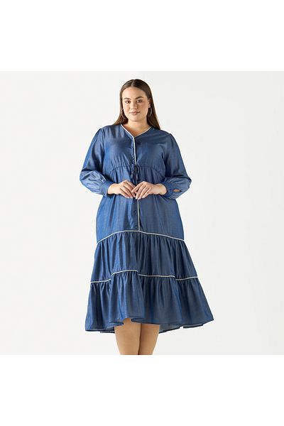 FAV Plus Size Tiered Dress with V-neck and Long Sleeves