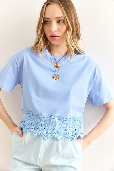Olalook Γυναικεία Baby Blue Φούστα Guipure Λεπτομερές T-Shirt TSH-19000873