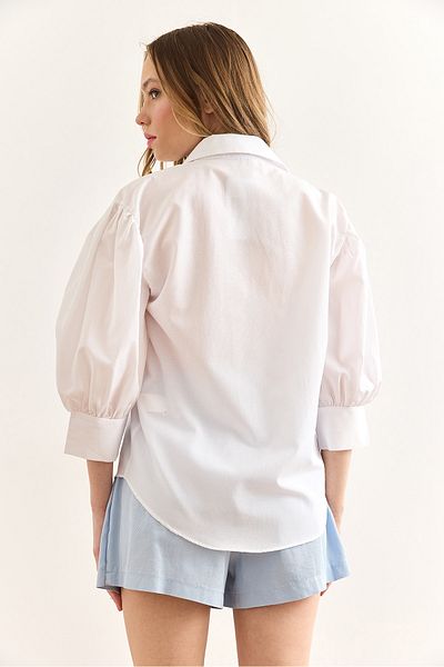 Olalook Women's White Hidden Placket Balloon Sleeve Terry Cotton Shirt Gml-19001280
