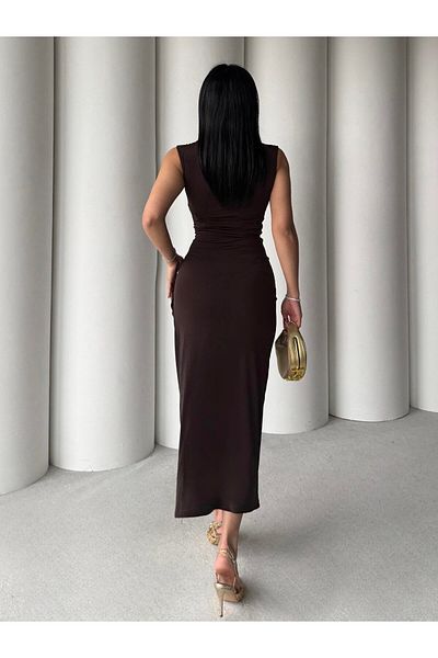 HARMONY GLOBAL Ανοιχτό καφέ Sandy Fabric Slit Detailed Buckle Midi φόρεμα – Body Fitting Modern Elegance 7340