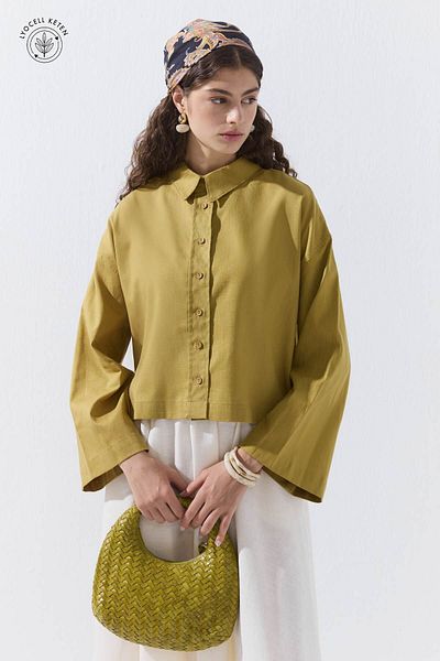 Hooopstore Lyocell Linen Basic κοντό πουκάμισο σαφράν