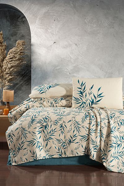 Fabric Box طقم بيكيه مزدوج من القطن 100% يشتمل على كيس وسادة بلون النعناع