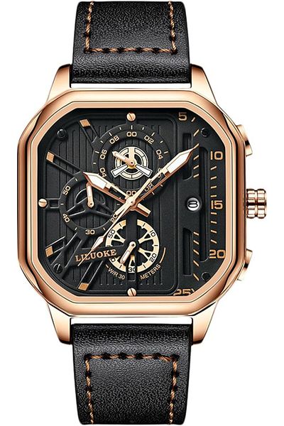Generic Men’s Square Chronograph Watch – Black Analog Quartz with Leather Strap