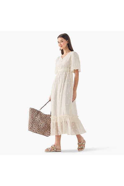 FAV Textured A-Line Midi Dress with V-Neck and Short Sleeves