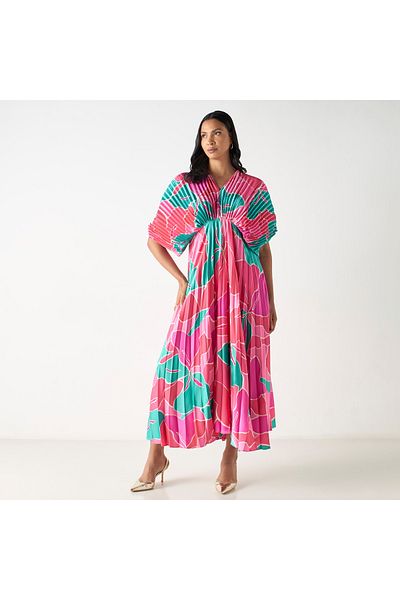 FAV All-Over Print Dress with V-neck and Extended Sleeves