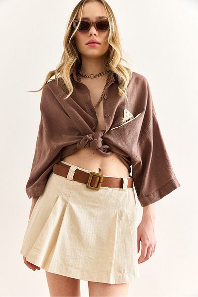 Olalook Women's Stone Belted Gabardine Skirt with Shorts Etk-19000324