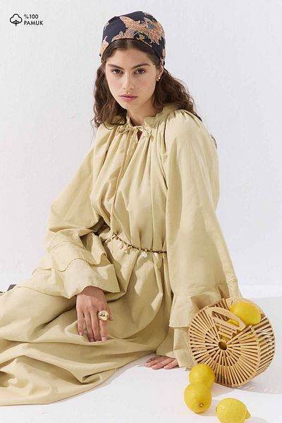Hooopstore Κίτρινο φόρεμα Voile Butter με μανίκια βολάν