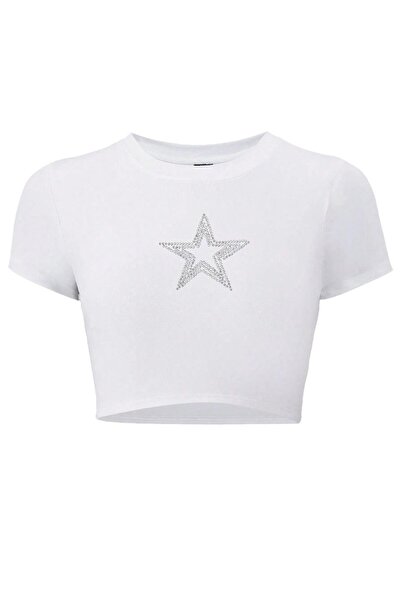 BRZ COLLECTION Tricou Crop Damă Star Crystal Stone Imprimat Alb