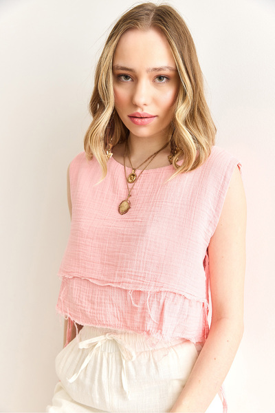 Olalook Rosa doppellagige Musselinkleidung mit Schmutznaht-Spitze und detaillierter Schnürung für Damen BLZ-19002924