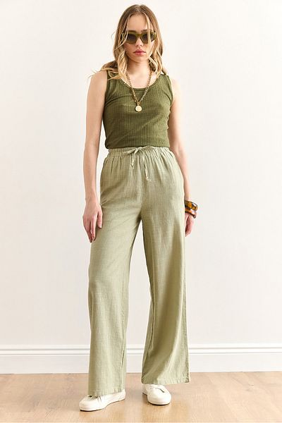 Olalook Women's Khaki Pocket Lined Elastic Waist Linen Content Loose Wide Leg Pants Pnt-19000345