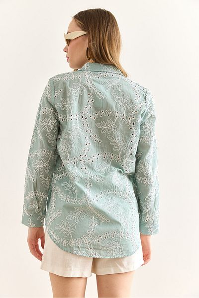 Olalook Women's Green Geometric Scallop Detailed Shirt Gml-19001324