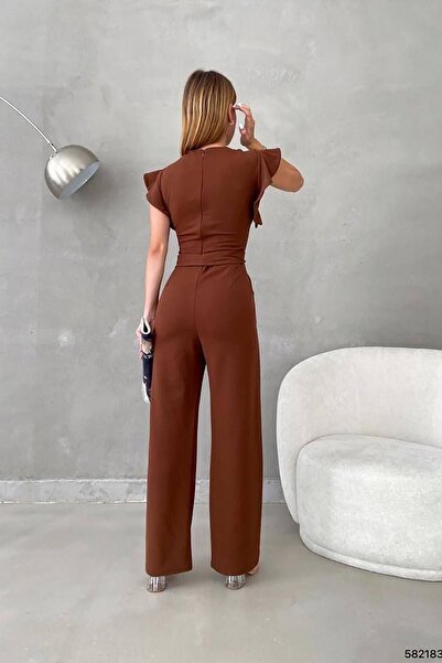 Deafox Καφέ κρεπ υφασμάτινες μανίκια με λεπτομέρεια βολάν Ζαρτιέρες ζωσμένες φόρμες