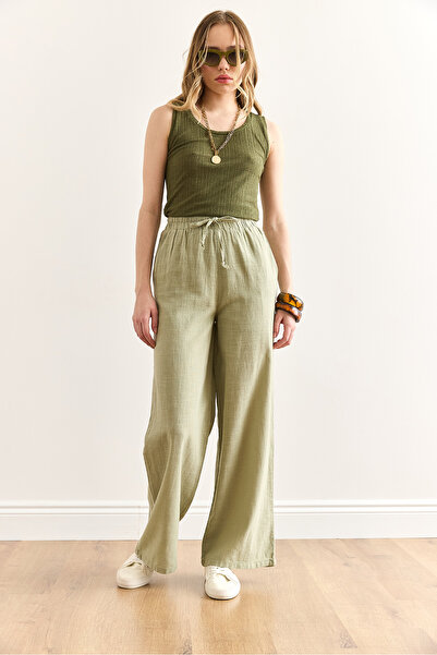 Olalook Women's Khaki Pocket Lined Elastic Waist Linen Content Loose Wide Leg Pants Pnt-19000345