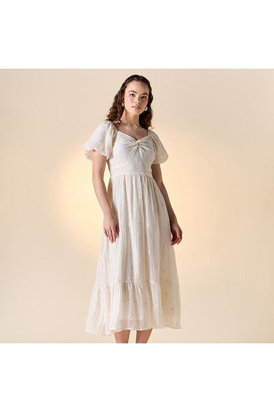 FAV Floral Embroidered Midi Dress with Sweetheart Neck and Short Sleeves