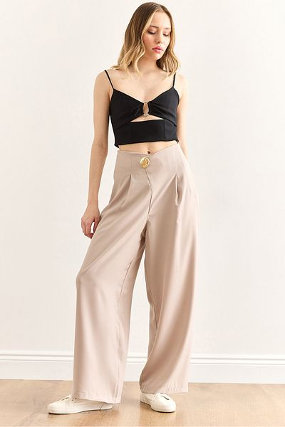 Olalook Women's Stone Button Detailed Zippered Flowy Wide Leg Pants Pnt-19000346