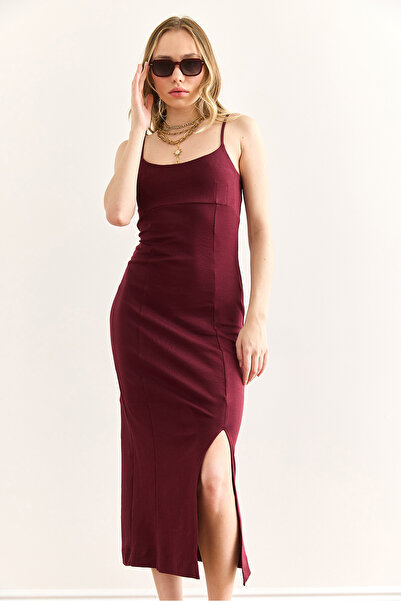 Olalook Kadın Bordo Askılı Yırtmaçlı Midi Çelik Elbise ELB-19002430