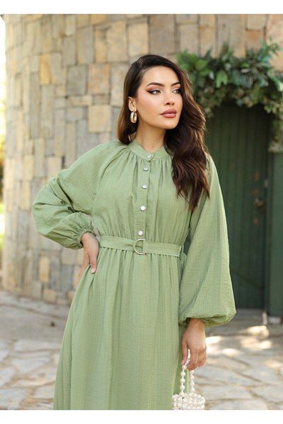 Dadali Judge Collar Belted Balloon Sleeve Dress Island Tea