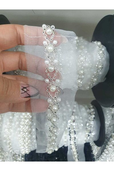 ESRA ŞELEM White Tulle Bias Beaded Decorative Ribbon Accessory Applique Sewing Accessory