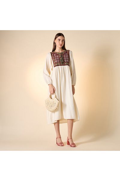 FAV Embroidered A-Line Midi Dress with Long Sleeves